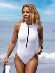 Swim SPRTY Women's Shiny Fabric Backless One-Piece Swimsuit For Beach, Surfing, Sports - White - View 2