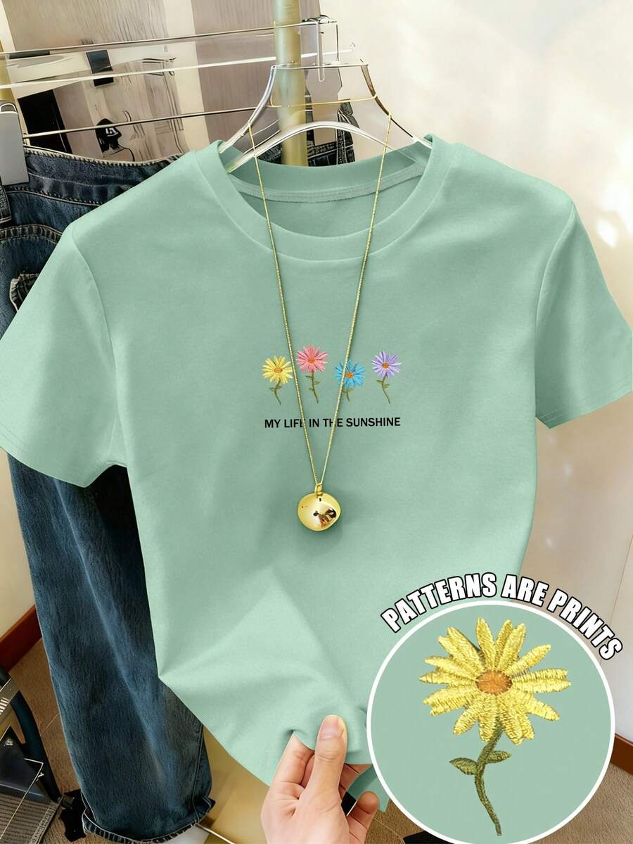 Jouncy 女士休闲花卉和口号印花圆领 T 恤 - 薄荷綠 - 查看 1