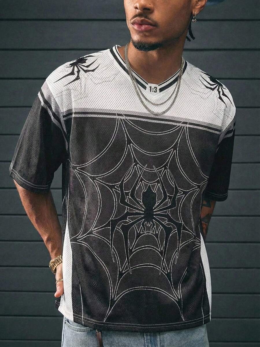AXEPEAK Men's Casual Contrast Color Spider Print Round Neck Short Sleeve T-Shirt, Summer - Black - View 1