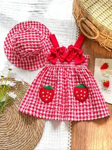 SHEIN Vintaside Kids 两件套女婴柠檬印花吊带连衣裙配帽子套装，休闲舒适又可爱，适合日常穿着、度假和玩耍 - 紅色 - 查看 7