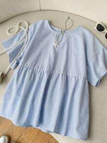 SHEIN EZwear 女士蓝色条纹梭织休闲短袖衬衫 - 藍白色 - 查看 9