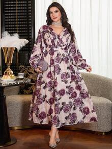Modelyn Floral Print V-Neck Long Sleeve Waist Fit A-Line Plus Size Dress, Suitable For Spring And Autumn - Multicolor - View 4