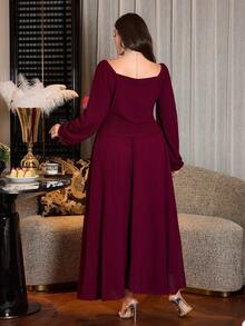 Modelyn 大码女式长袖修身闪亮水钻露肩飘逸雪纺裙两件套 - 酒紅色 - 查看 3