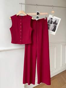 SHEIN EZwear 红色前扣吊带背心和裤子通勤日常穿着套装 - 酒紅色 - 查看 6