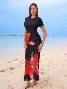 Swim Shayni Maillot de bain une pièce à fermeture éclair avant, manches courtes, style décontracté pour la plage et les vacances + Jupe en maille à imprimé floral, ensemble 2 pièces, printemps/été - Noir - Voir 4