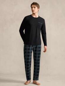 EverLounge Men's Lightweight Loose Comfortable Pajama Set - Long Sleeve Top And Plaid Pants - Olive Green - View 1