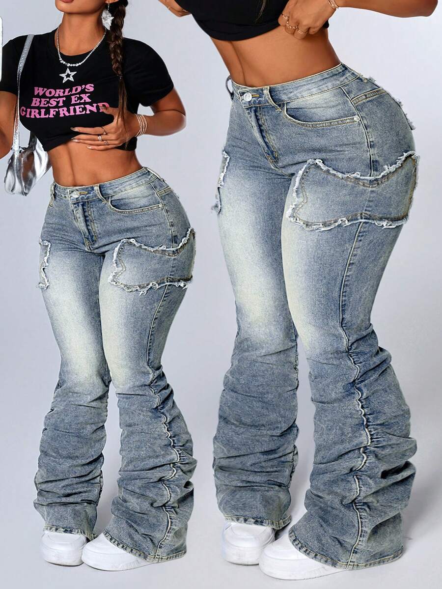 Flirla Jeans slim évasé avec poche de couleur contrastée, grande taille - Bleu azur - Voir 1