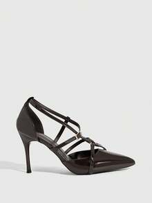 CUCCOO SZL Zapatos de tacón alto de stiletto con cordones cruzados y encaje sexy para mujer, para primavera/verano - Café integral - Ver 2