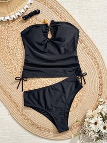 Swim Basics Fashionable Hot-Selling Solid Color Tankini Swimwear For Summer - Black - View 5