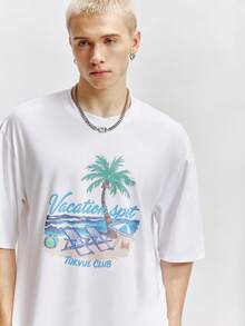 Manfinity Hypemode Men's Summer Vacation 2-Piece Set,White Round Neck Short Sleeve T-Shirt & Drawstring Shorts,Palm Tree Print Knit Holiday Outfit,Alt Cityboy - Multicolor - View 6
