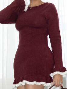 Melissa Matos 时尚荷叶边下摆女士毛衣连衣裙，适合约会和度假穿着 - 酒紅色 - 查看 6