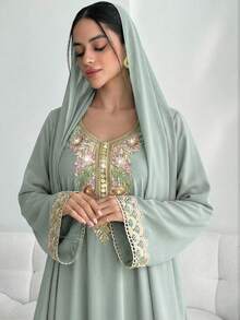 Yasmyna Women's Elegant Floral Embroidery Flare Sleeve Dress - Green - View 1