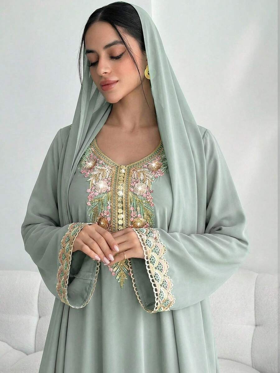 Yasmyna Women's Elegant Floral Embroidery Flare Sleeve Dress - Green - View 1