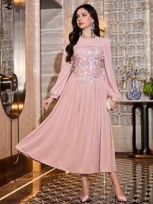 Modelyn Đầm dài thanh lịch thêu hoa, thiết kế hở lưng buộc dây, giúp tôn dáng cho phụ nữ, thích hợp cho các buổi đi chơi và hẹn hò. - Hồng - Xem 3