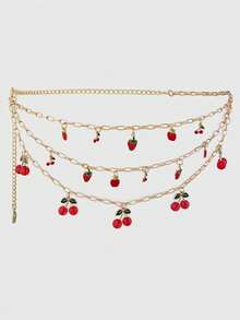 ROMWE Fairycore 一件式女士金色三层十字链装饰红色油滴工艺苹果草莓樱桃配饰装饰甜美风格ins风腰链，连衣裙牛仔裤配饰，日常百搭的首选 - 金色多層櫻桃草莓蘋果腰鏈 - 查看 6