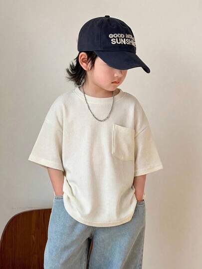 1pc Young Boys Casual Waffle Texture Pocket Short Sleeve Crew Neck T-Shirt, Comfortable, Fashionable, Versatile, Soft, Suitable For Spring/Summer, Everyday Wear, Outdoor Play, School, Street Style, Party, And Leisure