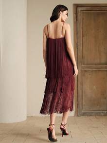 Anewsta Spaghetti Strap Asymmetrical Tassel Burgundy Cocktail Party Dress For Women, Suitable For Vacation, Party, Birthday, Anniversary - Burgundy - View 2