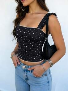 大码女式波点单排扣露脐背心 - 黑色 - 查看 1