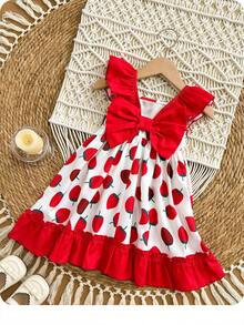 SHEIN Đầm hè dễ thương cho bé gái với họa tiết dâu tây, phối màu, viền bèo nhún. - Đỏ - Xem 5