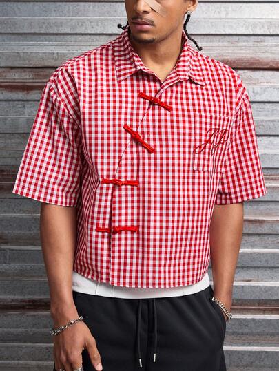 AXEPEAK Men's Red & White Plaid Button-Down Short Sleeve Shirt With English Embroidery