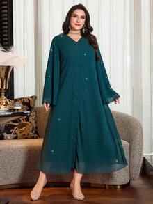 Al Najma Plus Size Women's Elegant Long Chiffon Dress With Rhinestone Embellishment, Loose Fit, Suitable For Spring And Autumn - Green - View 6