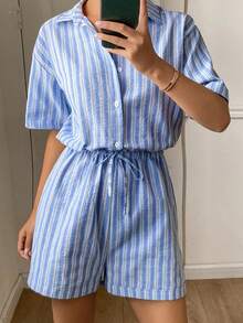 DAZY Beach Resort Style Striped Short Jumpsuit For Women - Blue - View 6