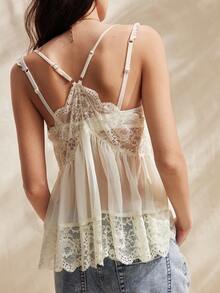 Easelle Áo tank top nữ dáng rộng, thoải mái, phối ren phong cách Bohemian lãng mạn - Màu be - Xem 2