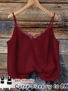 SHEIN CURVE+ Plus Size Solid Color Lace Patchwork Camisole, Going Out Tops - Burgundy - View 10