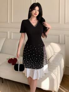 Modelyn Elegant & Romantic V-Neck Starry Rhinestone Contrast Color Mini Dress For Women - Black and White - View 8