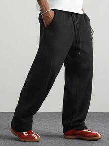 PAVTROS Men's Solid Color Drawstring Pocket Casual Sweatpants, Baggy Black Loose Fit Pants - Black - View 4