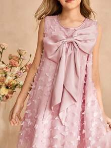 SHEIN Đầm công chúa thanh lịch cho bé gái tuổi teen, đầm phồng 3D dễ thương, nơ lớn trang trí vai, đầm chữ A rộng không tay, thích hợp cho tiệc tùng, sinh nhật, đi chơi, biểu diễn, đầm lưới màu hồng. - Hồng - Xem 4