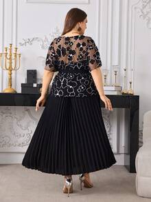 Modelyn 优雅亮片花卉网纱圆领蝙蝠袖宽松上衣和纯色褶皱A字长裙加大码两件套，春夏款 - 黑色 - 查看 2