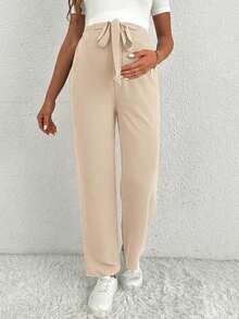 SHEIN Quần ống rộng màu trơn thắt eo đơn giản cho bà bầu - Màu be - Xem 3