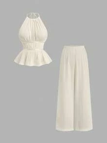 SHEIN PETITE CURVE 两件套蝴蝶结装饰，度假风，优雅纹理面料露背吊带背心搭配松紧腰直筒裤，夏季沙滩装，露肩无袖休闲时尚 - 杏色 - 查看 1