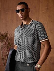 AKNOTIC Business Casual Men's Summer Casual Vacation Fashion All-Over Print Contrast Striped Trim Short Sleeve Polo Shirt - Apricot - View 2