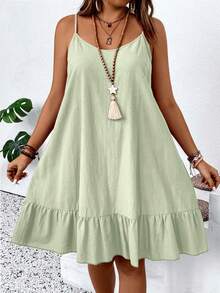 Breezaya Plus Size Solid Color Spaghetti Strap Ruffle Pleated Loose Summer Sleeveless Dress - Limelight Green - View 1