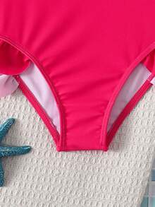 SHEIN Emery Rose Kids Bộ đồ bơi liền thân dễ thương cho bé gái, cổ áo bất đối xứng với nơ và viền bèo phối màu tương phản, màu tím, thích hợp cho du lịch biển mùa xuân/hè và kỳ nghỉ. - Nhiều màu - Xem 3