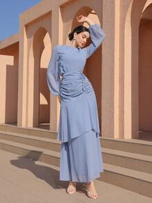 Graceveil 女士优雅浪漫抽绳雪纺两件套，蓝色 - 藍色 - 查看 5