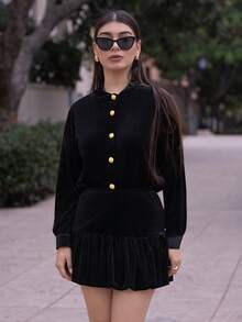 Andrea Bello French Collar Long Sleeve Velvet Metal Button Black Blouse, Elegant Party Top For Women, Autumn/Winter Velvet Elastic Waist Peplum A-Line Skirt, Black, Thanksgiving/Christmas Outfit For Women - Black - View 4