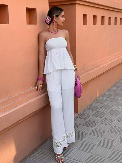 Flora Isola Flora Isola Women's Casual Vacation Minimalist Solid Color Babydoll Tube Top & Contrast Lace Wide Leg Pants Set, Spring/Summer