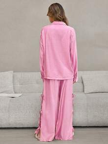 HautHeat Women Solid Color Long Sleeve Top And Pants Pajama Set - Pink - View 2