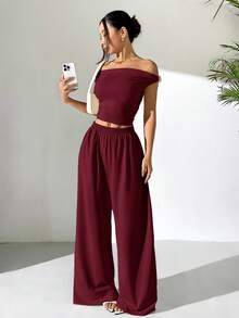 SHEIN EZwear 女士针织不对称肩部上衣和裤子休闲套装，夏季阔腿裤套装，休闲两件套，两件套裤子套装，舒适两件套，两件套裤子套装，女士酒红色套装，酒红色阔腿裤套装，单肩上衣套装，酒红色裤子 - 酒紅色 - 查看 5