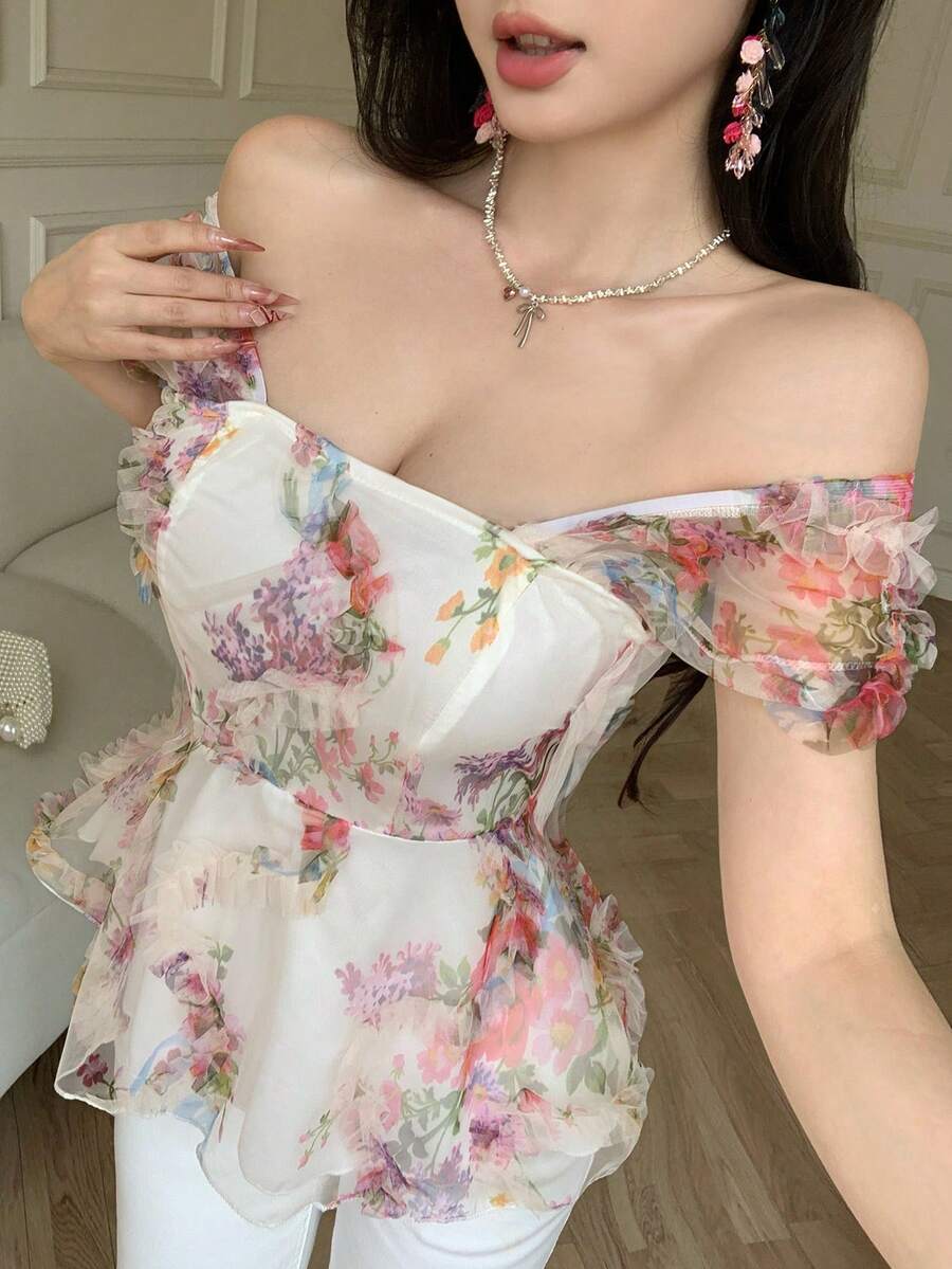 Celisse 女士印花荷叶边露肩休闲百搭日常短袖衬衫 - 米色 - 查看 1