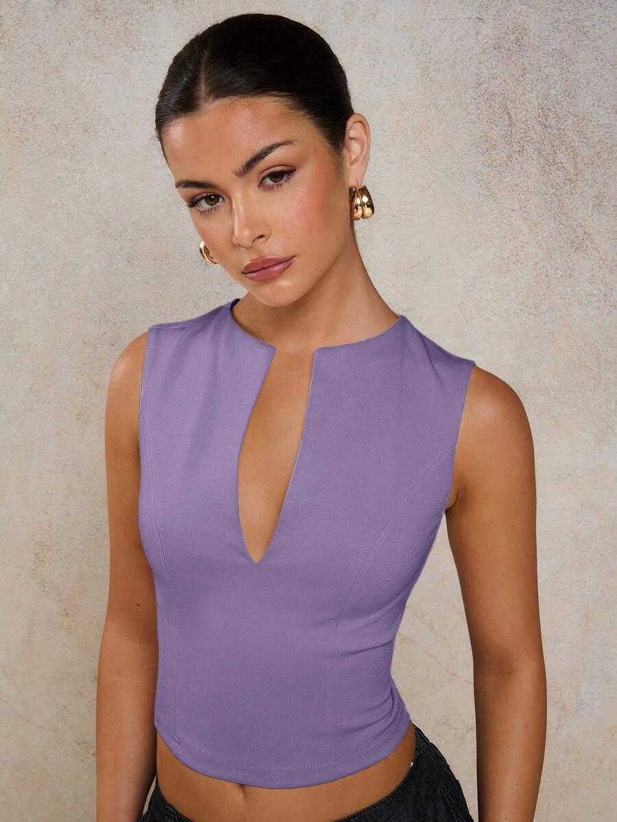 COSMINA Áo hai dây cổ chữ V màu trơn thanh lịch dành cho nữ mùa hè - Màu tím hoa cà - Xem 1