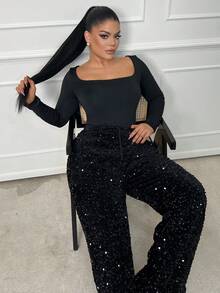 Dayanna Comas Body a maniche lunghe marrone da donna, vestibilità slim e figura valorizzata, semplice e versatile per l'uso quotidiano - nero - Visualizzare 3
