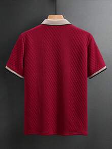 ARLO REED Men's Knitted Jacquard Solid Color Textured Ribbed Collar 3-Button Polo Shirt - Burgundy - View 3