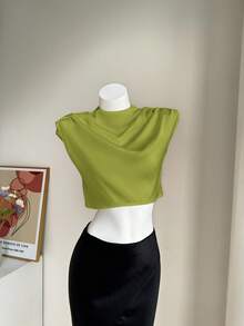Firerie Kemeja Crop Berkerut Warna Polos yang Modis dan Seksi untuk Wanita, Atasan Musim Panas - Olive Green - View 3