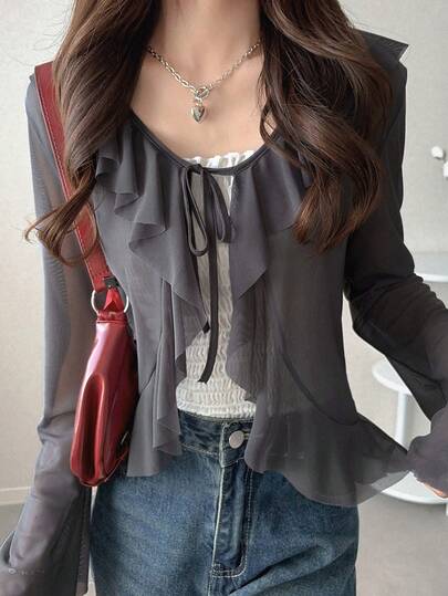 FRIFUL 女士开襟圆领荷叶边系带长袖雪纺薄纱衬衫