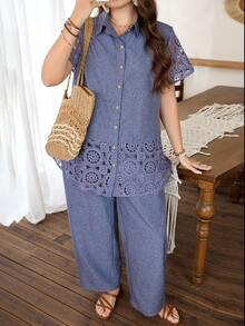 Lacomfia Ensemble 2 pièces grande taille couleur unie manches courtes patchwork dentelle décontracté femme été - Bleu azur - Voir 1