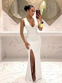 Slaydiva 新款春季、春夏音乐节、情人节、复活节休闲、简约基础款、Y2K街头甜美、性感、邮轮度假、日常约会、辣妹风、性感派对、优雅V领、褶裥腰身、修身剪裁、高开衩至大腿、白色连衣裙、女士超长连衣裙 -A - 白色 - 查看 1